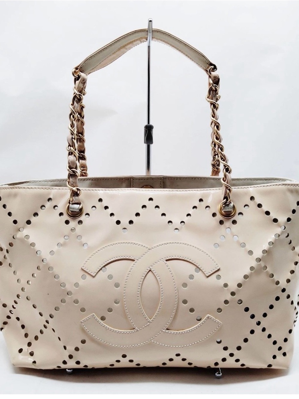 Authentic CHANEL Cream Perforated Leather Tote with Chain-Strap Handles